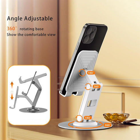 360° Rotating Phone Stand for Desk, Portable & Foldable Holder, Adjustable Angle & Height for iPhone, iPad, Tablet -