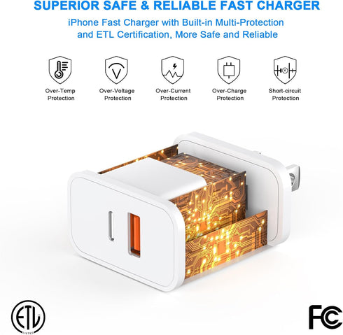 iPhone 15 Charger Fast Charging, 2 Pack 20W Dual Port PD+QC3.0 Wall Charger with 10FT USB C to C Charger Cable