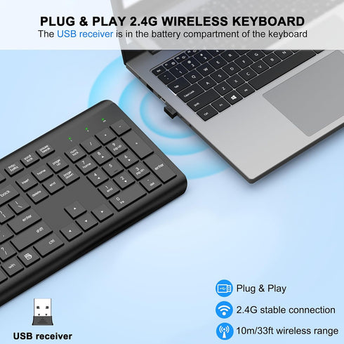 EDJO 2.4G Wireless Keyboard, Full-Sized Cordless USB Silent Computer Keyboard, Ergonomic Tilt Angle, Sleep Mode, Long