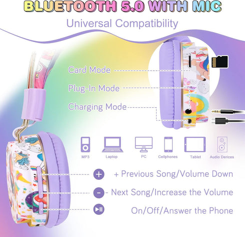 QearFun Unicorn Headphones for Girls, Kids Bluetooth Headphones with Microphone & 3.5mm Jack, Wireless Headphones with