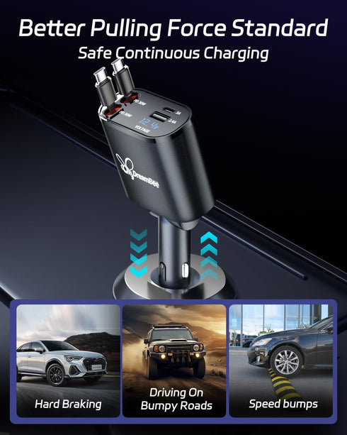 Retractable Car Charger, 66W Super Fast USB Charger with Dual Type-C Cables and 2 USB Ports for iPhone and Samsung
