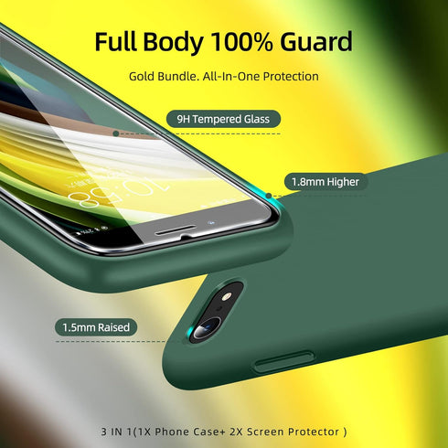 Dssairo 3 in 1 Liquid Silicone Ultra Slim Shockproof Case for iPhone SE 2022/3rd/2020/2nd Gen, 7/8 with 2 Pack Screen