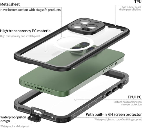 Waterproof Case for iPhone 14 Pro Max, Black, Snowproof & Shockproof with Built-in Screen Protector