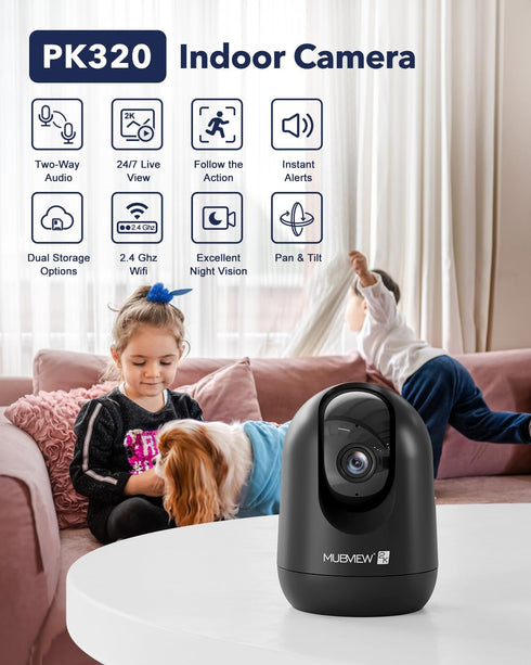 MUBVIEW Indoor Security Camera, 2.4G WiFi Wired Home Security, Motion Tracking, Two-Way Audio, 2K Night Vision PK320B-D