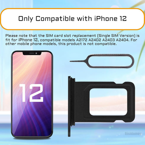 Black SIM Card Slot Replacement for iPhone 12, Single SIM Version Card Tray Holder Adapter with Waterproof Rubber Ring