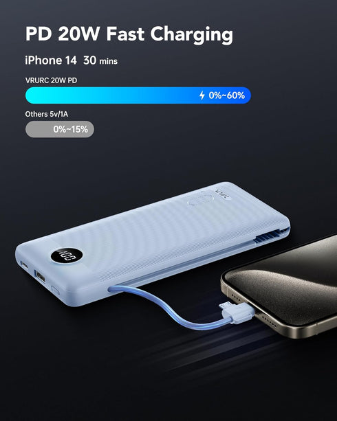 VRURC Portable Charger with Wall Plug, 10000mAh Power Bank, 22.5W Fast Charging, Slim Compact Battery Pack