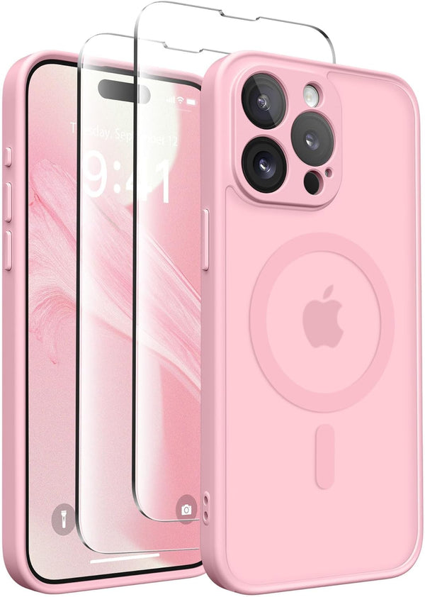 CAPRARO Magnetic iPhone 14 Pro Case, Peach Pink, Slim Shockproof Cover with Full Camera Protection & MagSafe