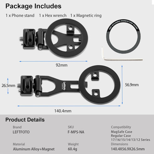 Leftfoto 1/4"-20 17 16 15 14 13 12 Metal Strong Magnetic Phone Stand with ARRI Locating Screw -Adjustable Foldable