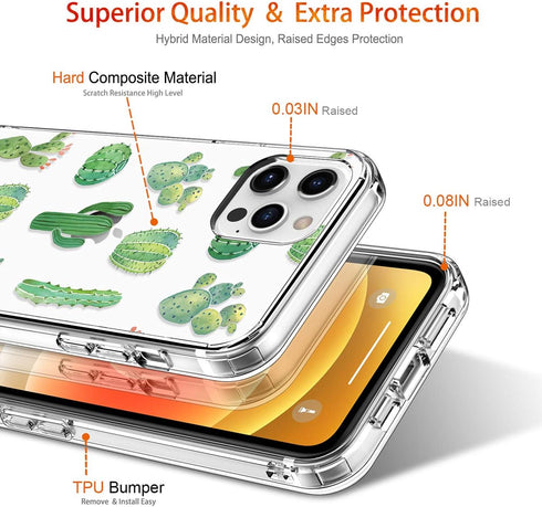 GiiKa iPhone 12 Pro Max Case with Screen Protector, Clear Full Body Shockproof Protective Floral Hard Case, Green Cactus