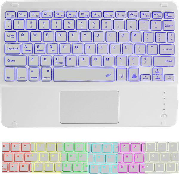 Wireless Bluetooth Keyboard, 10-inch Ultra-Slim 7 Color Backlight Keyboard with Touchpad, Rechargeable Portable