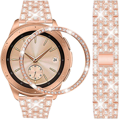 Luxury Rhinestone Diamond Steel Metal Strap with Bezel Ring Case Cover Replacement Bracelet, Compatible with Samsung