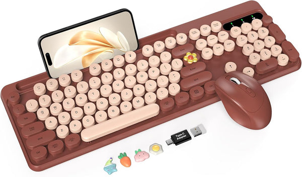 Trueque Wireless Keyboard and Mouse Combo, Retro Round Keycaps, Full-Size Cute Typewriter Keyboard