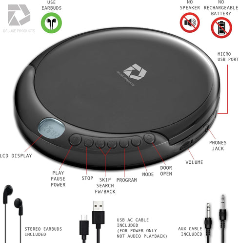 Deluxe Products 60 CD Player Portable with Second Anti Skip, Stereo Earbuds, Includes Aux in Cable and AC USB Power