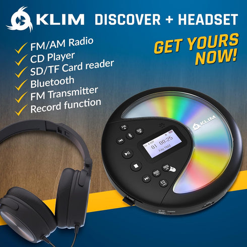 KLIM MP3 Discover with Headphones - Portable CD Player Walkman with Long-Lasting Battery - New - Radio FM - Compatible