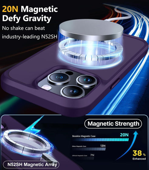 BossKiss Ultra Strong Magnetic iPhone 15 Pro Case, Slim Translucent Matte, Deep Purple, with Glass Screen & Camera