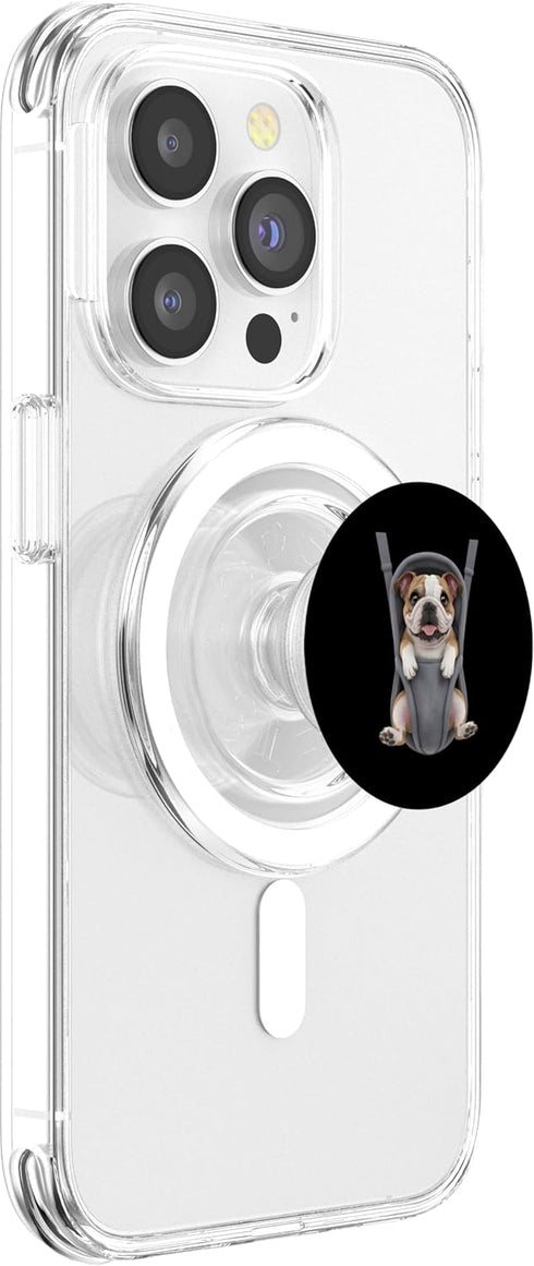 English Bulldog Puppy Lover PS Funny English Bulldog Puppy In A Baby Carrier. Dog Lover PopSockets PopGrip for MagSafe