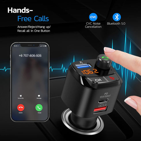 Nulaxy Bluetooth 5.0 FM Transmitter for Car, QC3.0 & USB-C PD 18W Wireless Radio Adapter with Bass Booster, Hands-Free