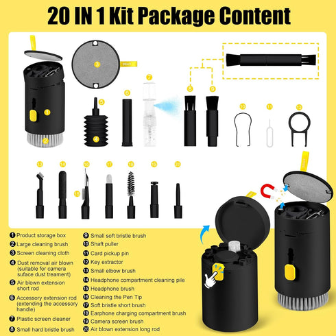 Computer Keyboard Cleaner Kit, Laptop Screen Cleaning Spray for iPhone AirPods Cell Phone MacBook iPad Pro, 20-in-1 Electronic Clean Brush Tool for Earbuds iPod PC Monitor TV Earphone Camera - Black