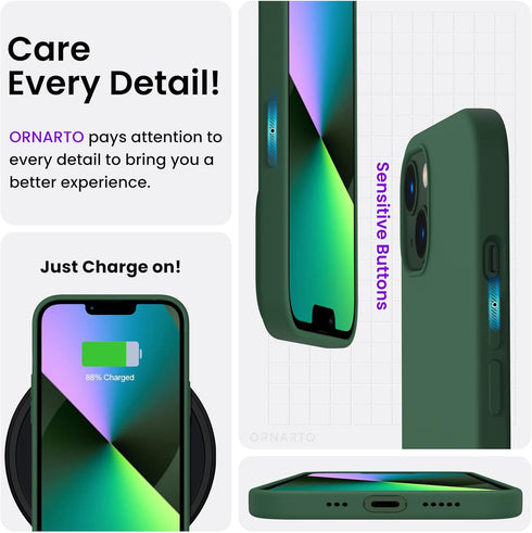 ORNARTO iPhone 13 Case 6.1", Slim Liquid Silicone 3 Layers Full Covered Soft Gel Rubber Case Cover, Clover Green