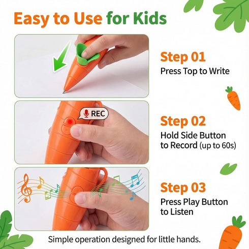 TailWaggers 60-Second Voice Recorder Pen with Playback - Cute Carrot-Shaped Audio Recorder & Smooth-Writing Ballpoint