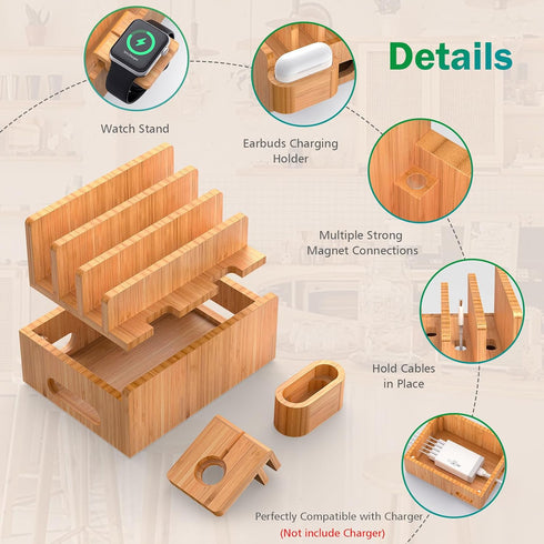 Pezin & Hulin Bamboo Charging Station Organizer for Multiple Devices, Desktop Docking Station for Phone, Tablet,