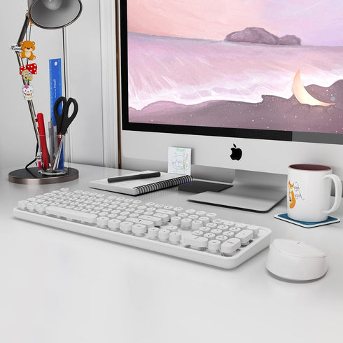 Wireless Keyboard Mouse Combo, 104 Keys Cute White Keyboard with Number Pad & Mouse for Windows, Laptop
