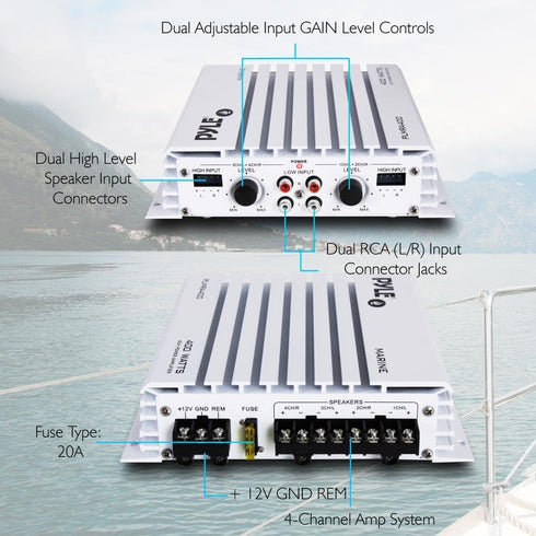 Pyle Hydra Marine Amplifier - Upgraded Elite Series 400 Watt 4 Channel Audio Amplifier, Waterproof, 12 volt, Dual
