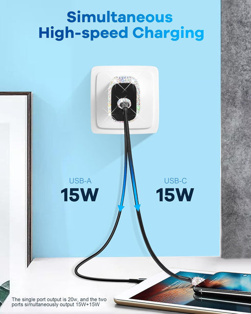 Bling USB C Wall Charger, 20W PD + QC Dual Port Fast Charging Adapter with 3.2FT Type-C Cable for iPhone 15 Pro Max