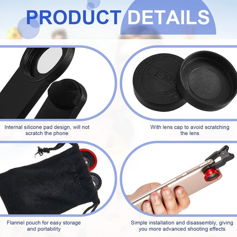 2 Pack Universal 3 in 1 Camera Lens Kit, Phone Camera Lens Clip with Fisheye, Macro, Wide Angle Attachments for