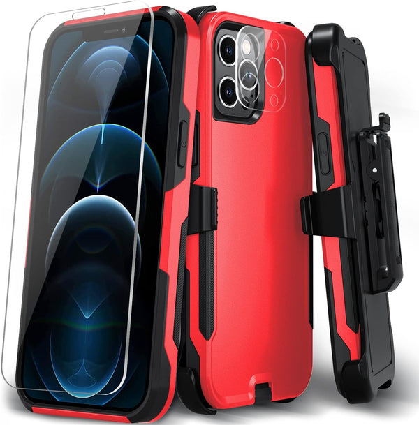 Heavy Duty iPhone 12 Pro Max Case (6.7") - Shockproof, Red, with Belt Clip Kickstand & Tempered Glass Screen Protector.
