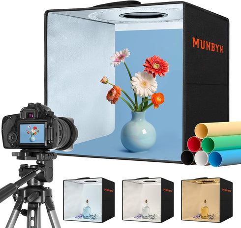 MUNBYN Light Box Photography Kit, Portable 12"x12" Studio with 120 LED Lights & 6 Backdrops