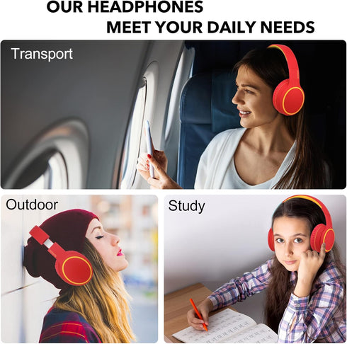 RORSOU B10 Wireless Bluetooth Over-Ear Headphones - Lightweight Folding Stereo Bass Headset with 50H Playtime, Red