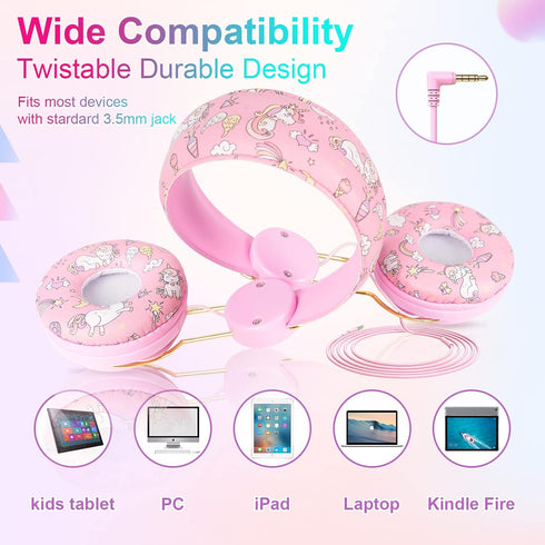 QearFun Unicorn Headphones for Kids - Wired, Noise Cancelling, Adjustable, with Microphone & 3.5mm Jack for