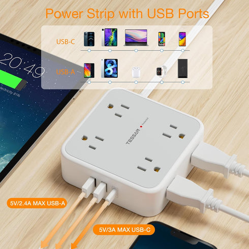 TESSAN 20 FT Long Flat Plug Extension Cord - Ultra Thin Power Strip Surge Protector with 8 AC Outlets, 900J