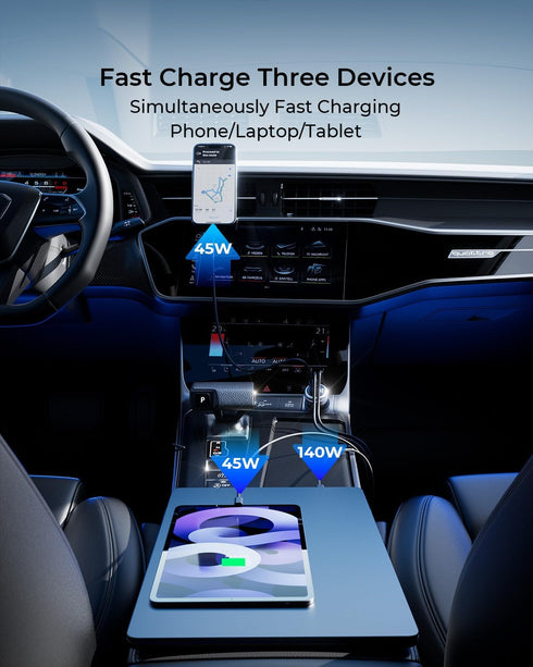SUNDA 230W USB C Fast Car Charger, 3-Ports Multiple Car Charger Adapter, Fast Charging Compatible with iPhone and