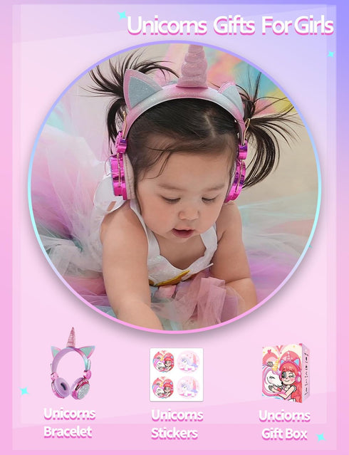 Hot Pink Kids Unicorn Headphones with Mic, 95dB Volume Limited, Shareport, On/Over Ear Wired, Perfect for School/Travel.
