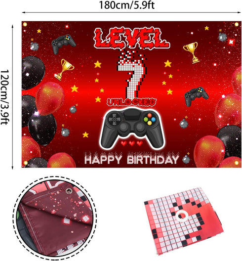 Level 7 Unlocked Backdrop Banner Decorations for Video Game On Happy 7th Birthday, Red and Black Theme