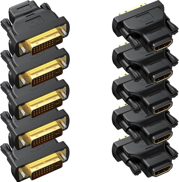 DVI to HDMI Adapter 10-Pack, Bidirectional Female HDMI to DVI-D(24+1) Male Adapter with Gold-Plated for Various Devices