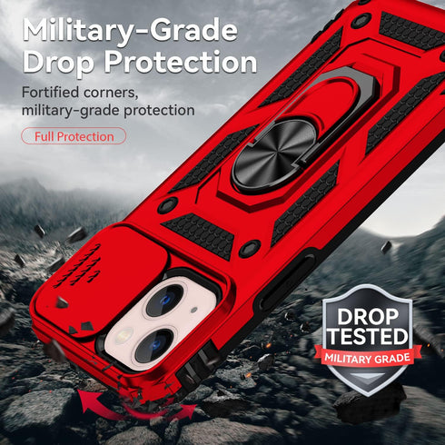 Hitaoyou Military Grade Shockproof Case for iPhone 13 - Heavy Duty Protective Case with Camera Cover & Kickstand - Red