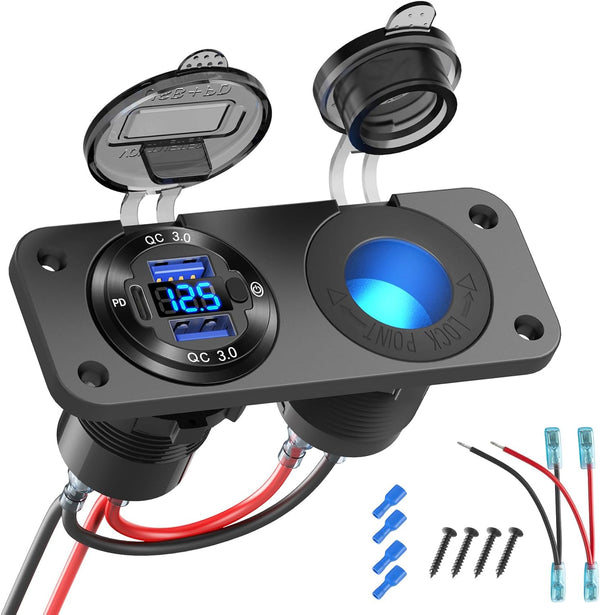 12V USB Outlet Marine Switch Panel Plug, PD3.0 Dual QC3.0 USB Ports Aluminum Car Charger with LED Voltmeter Power Switch
