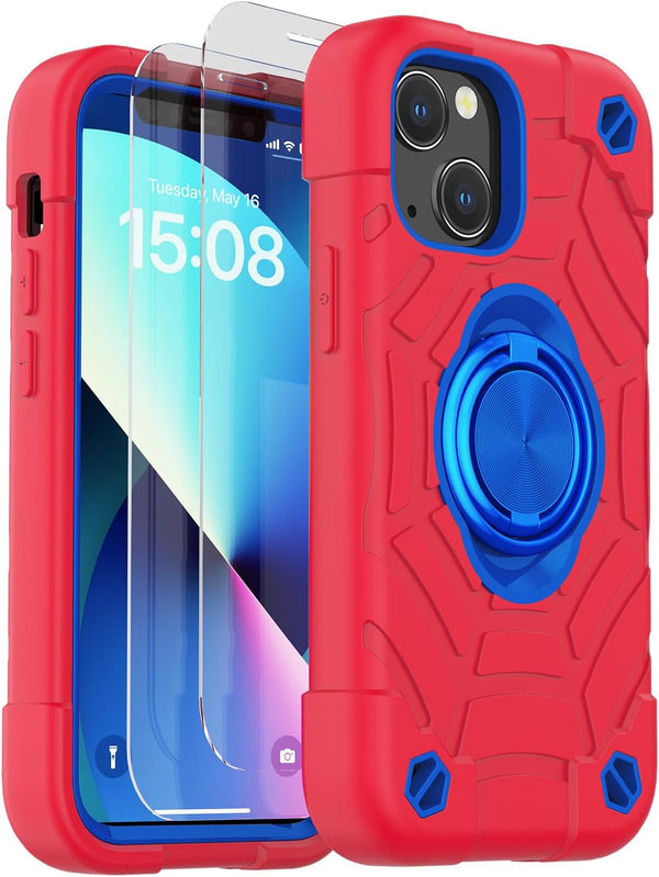 KCJ iPhone 13 & 14 Case - Shockproof, Military Grade Drop Protection, 6.1" with 2 Screen Protectors (Red+Blue)