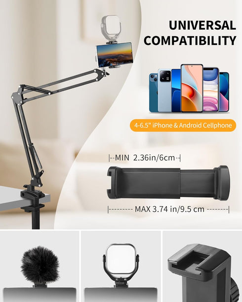 Phone Holder for Bed Desk, Flexible Camera Arm Desk Mount Clamp with Phone Holder and Ball Head, Overhead Tripod Mount