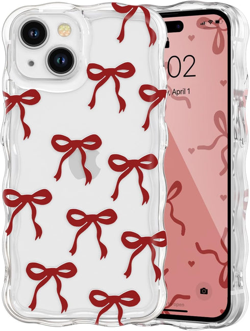 QLTYPRI Bow Case for iPhone 15, Cute Ribbon Bows Wavy Curly Frame Clear