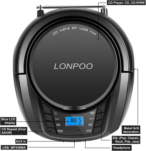 LONPOO Portable Boombox, CD Player, Bluetooth, USB, MP3, AUX, FM Radio, Built-in Stereo Speakers, Carrying Handle, LCD