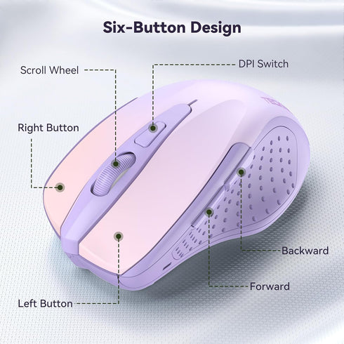TECKNET Wireless Mouse, 2.4GHz Ergonomic Computer Mouse, Portable Cordless Mice for Laptop, 6 Buttons, Gradient Purple