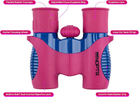 Kids Binoculars for Girls or Boys in Vibrant Pink Blue - Includes Sticker Book with 40 Bird Species