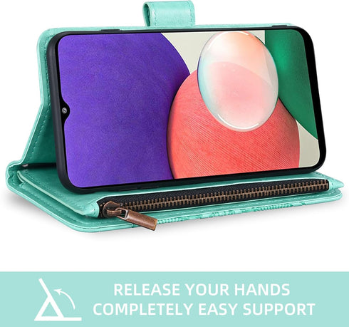 Asuwish Wallet Case for Samsung Galaxy A22 5G/Celero 5G - Flip Card Holder, Tempered Glass Protector, Green.