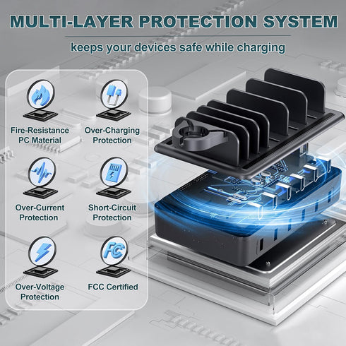 6 in 1 Charging Station for Multiple Devices, 50W Dock with Mixed Charging Cables for Cellphone, Tablet, iPhone, iPad