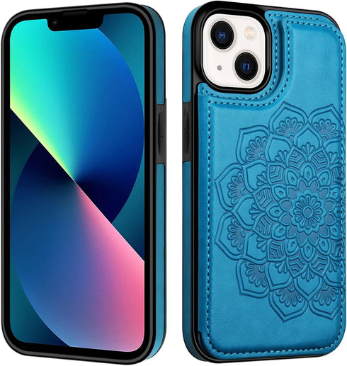 MMHUO iPhone 13 Case with Card Holder, Flower Magnetic Back Flip Wallet Case for Women, Protective Blue Phone Case