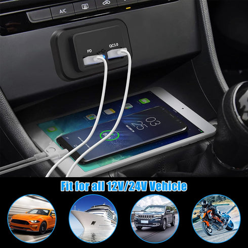 12V USB Outlet for RV Marine Motorcycle Truck Golf Cart, Quick Charge 3.0 USB-A & USBC Port